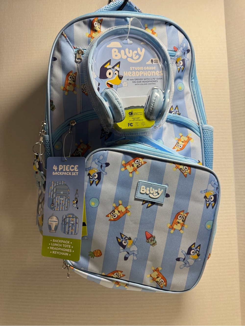 Bluey Light Blue Kids Cartoon 4-Piece Backpack Set with Headphones